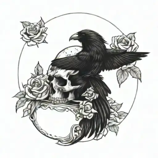 Crow Sitting On A Skull Surrounded By Roses With A Road Background