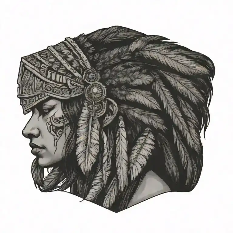 Profile View Of Native Female Warrior Wearing A Wolf Headdress