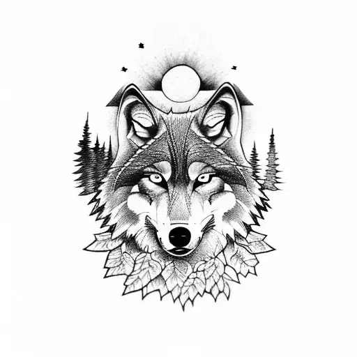 Wolf In Forest With Mountains And Sun Half Sleeve