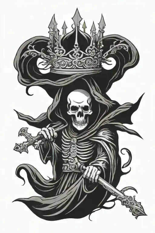 Grim Reaper With Crown Holding A Catholic Cross