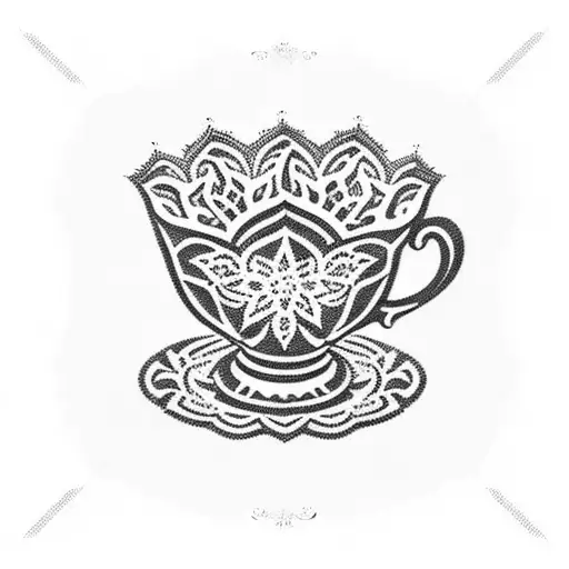 Elegant Blackwork Design Of A Teacup Filled With Intricate Floral Patterns