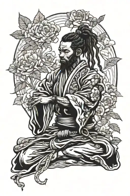 Black Samurai With Dreadlock Ponytail Meditating In Rose Garden