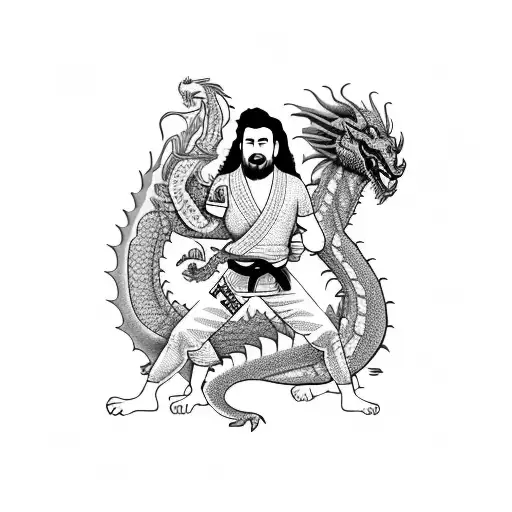 Mexican Man Doing Brazilian Jiujitsu With A Dragon In A Blackwork Style