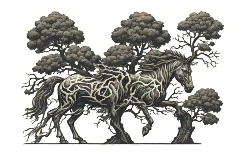 Make A Tattoo Of A Giant Tree With A Man Petting Horse