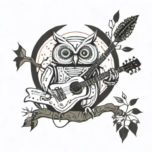 A Futuristic Robotic Owl Playing A Guitar In A Wild Forest Setting