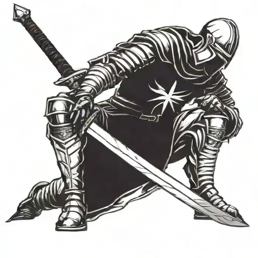 A Templar Knight Kneeling With A Sword Side View