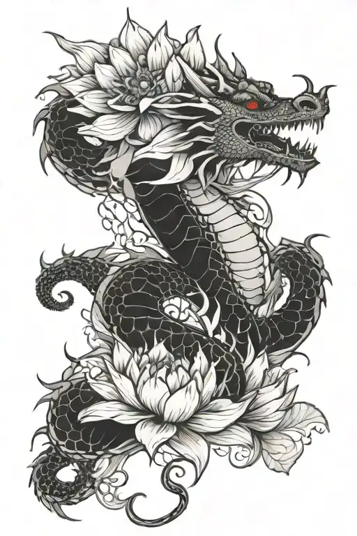 Dragon Wrapped Loosely With Lotus Flower Blooming