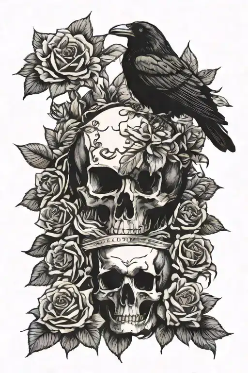 Crow Sitting On A Skull Surrounded By Roses With A Road Background