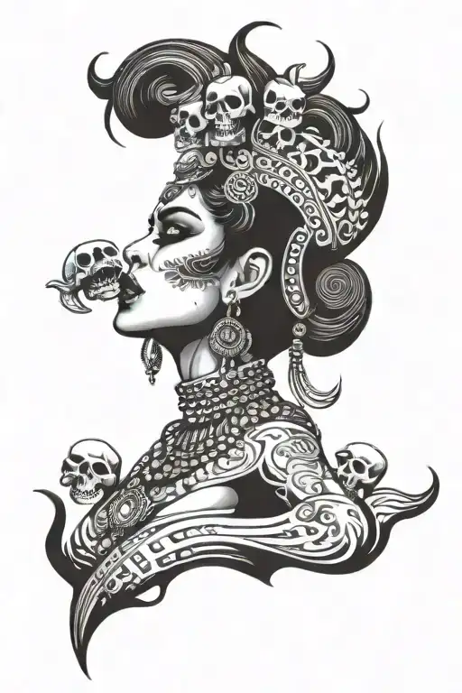 Modern Age Kaali Indian Goddess With Tongue Sticking Out And Skulls Black And Grey
