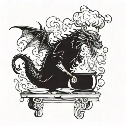 Dragon Chef Cooking In A Fiery Kitchen