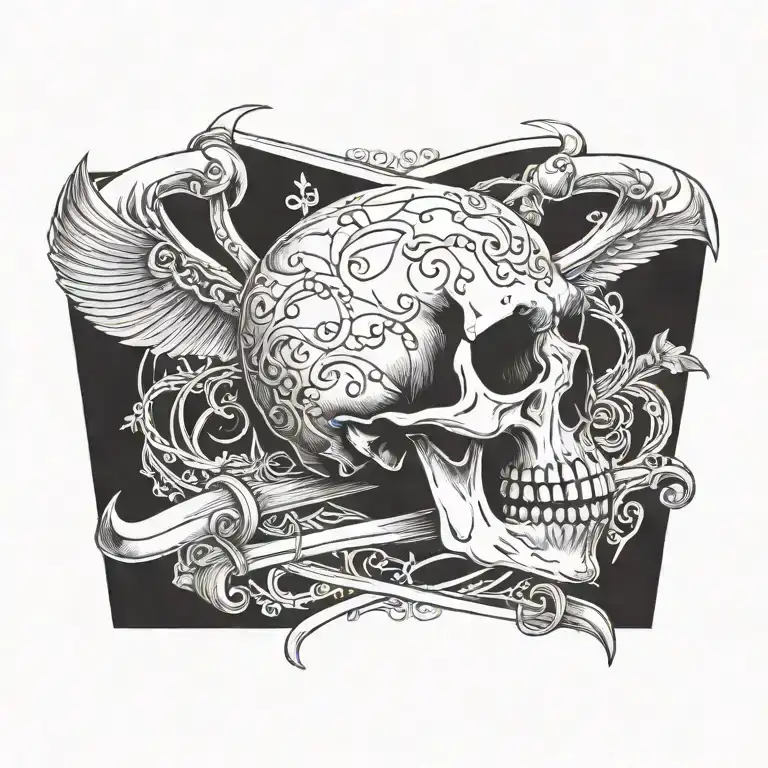 Skull With Crossed Scythes And Memento Mori Written
