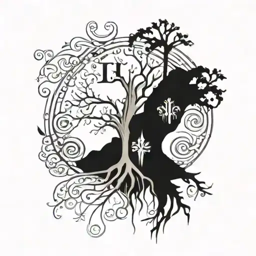 A Tattoo Design Featuring A Family Tree Intertwined With Symbols Of Strength And Faith In God