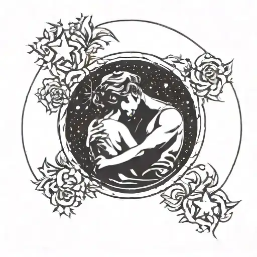 A Silhouette Of A Couple Embracing Under A Full Moon With Four Stars Above Them