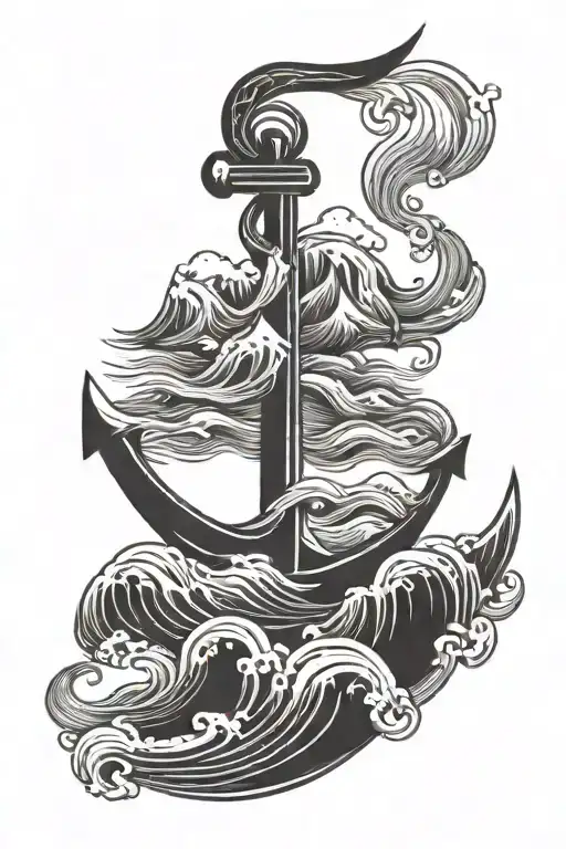 Anchor With Waves And Mountains Inside