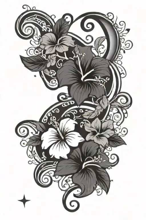 Cresent Moon With Swirls Stars And Hibiscus Flower