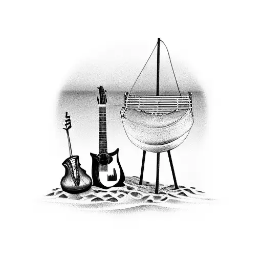 A Beach Scene With Musical Instruments Scattered On The Sand