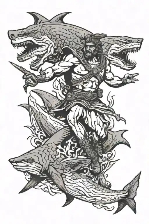 Ancient Greek Mythology Soldier Fighting With Shark