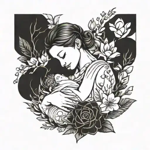 A Mother Breastfeeding Her Baby Surrounded By Floral Elements