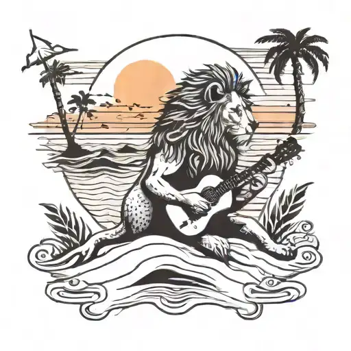 A Lion Playing A Guitar On A Beach With A Sunset In The Background