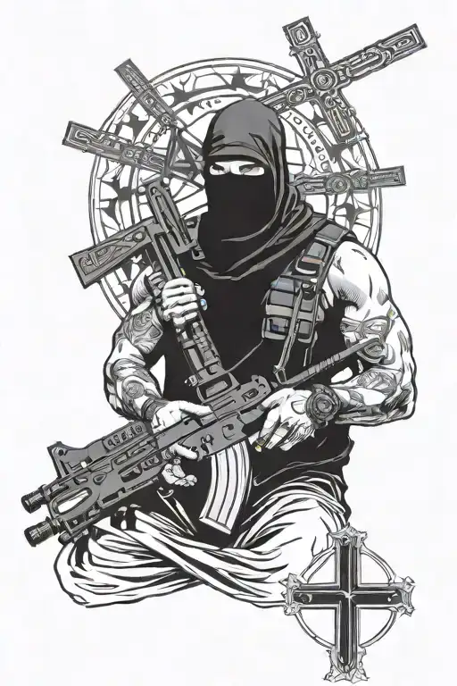 Guy With Balaclava Holding An Ak47 Praying To God While Being Surrounded By Three Crosses