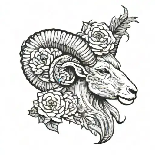 Sideview Gothic Ram With Carnation And Aster Tattoo Design