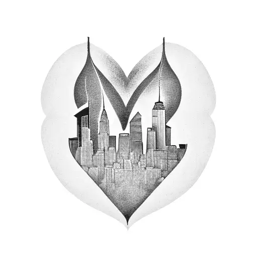 A Blackwork Tattoo Of The New York Skyline With Musical Notes Forming A Heart Shape