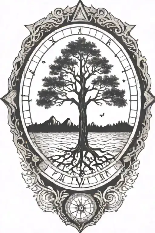 Tree With Triangles Below And No Leaves On The Tree A Compass In The Center On The Tree No Border