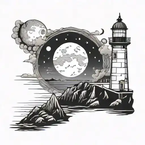 Lighthouse On Cliff Face With Ocean And Full Moon