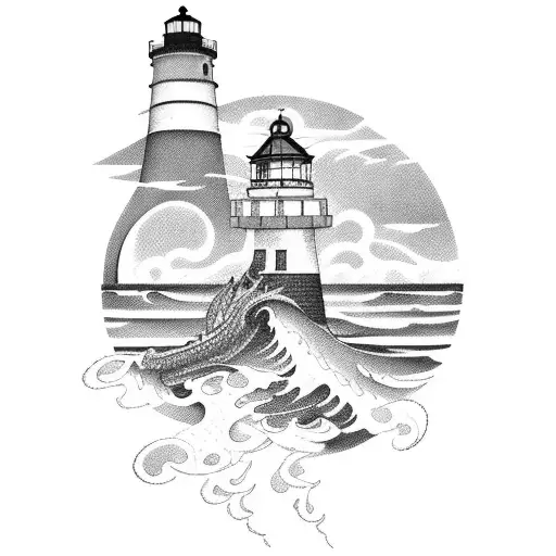 Lighthouse With Crashing Waves And A Dragon Lurking