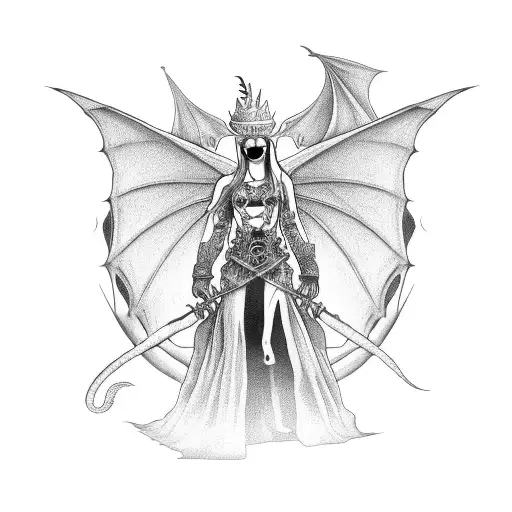 Woman With Dragon In Background With Skull Crown On Head That Has 4 Skulls