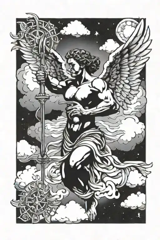 An Intricate Blackwork Design Of A Weightlifting Angel Surrounded By A Heavenly Sky