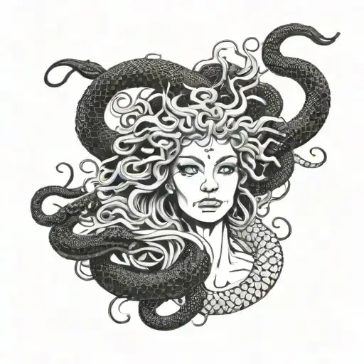 Front Face Of Medusa With Chinese Dragon On Her Head Instead Of Snakes