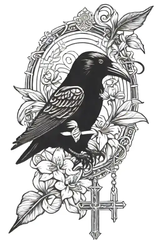 Raven And An Egyptian Ankh With Lily Of The Vally Flower