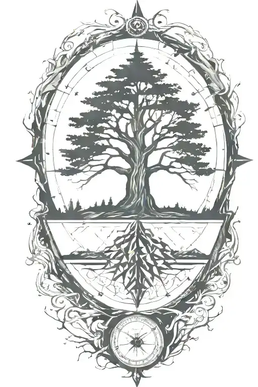 Tree With Triangles Below And No Leaves On The Tree A Compass In The Center On The Tree