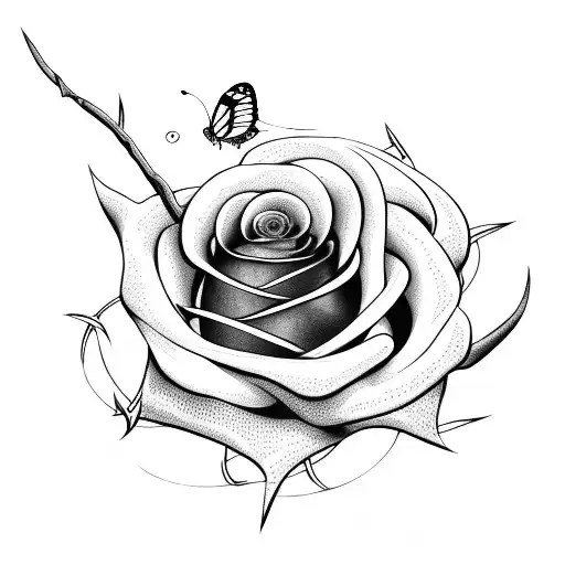 Rose More Thorns Intertwined With A Butterfly Landing On Top