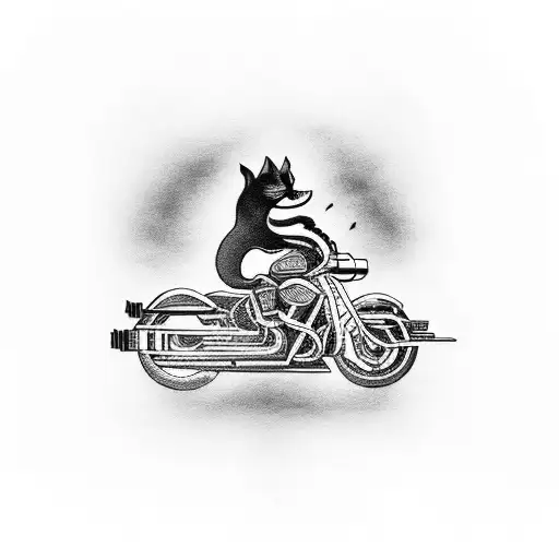 A Unique Black-grey Tattoo Of A Cat Riding A Motorcycle