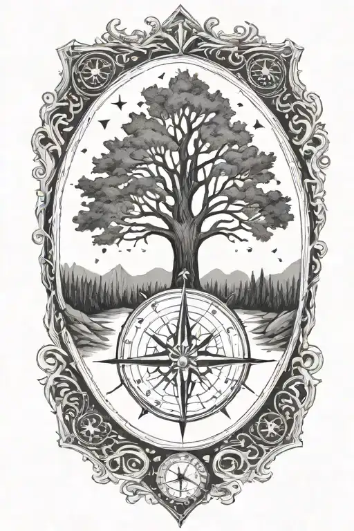 Tree With Triangles Below And No Leaves On The Tree A Compass In The Center On The Tree No Border