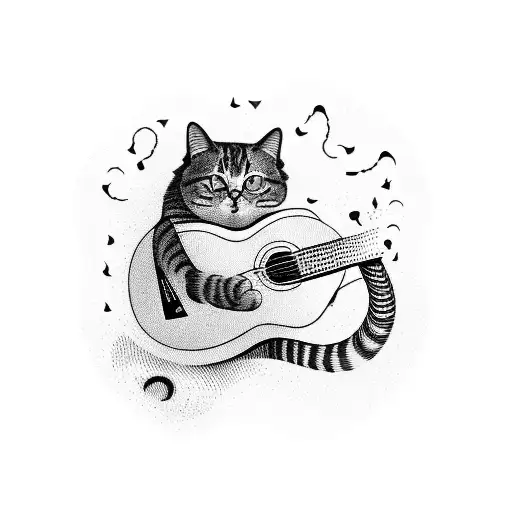 A Mysterious Smoking Cat Wearing Vintage Clothing Playing A Guitar In Blackwork Style