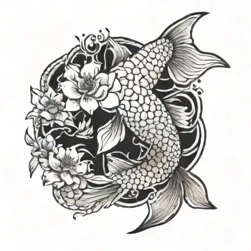 A Multi-colored Koi Fish Surrounded By A Flower Engulfed In Human Ribs