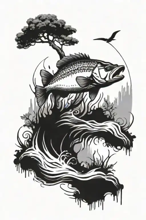 Bass Jumping Out Of The Water With Layded Down Trees