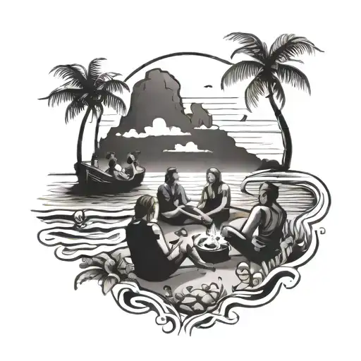 A Beach Scene Tattoo With Friends And Family Enjoying A Sunset Bonfire By The Ocean