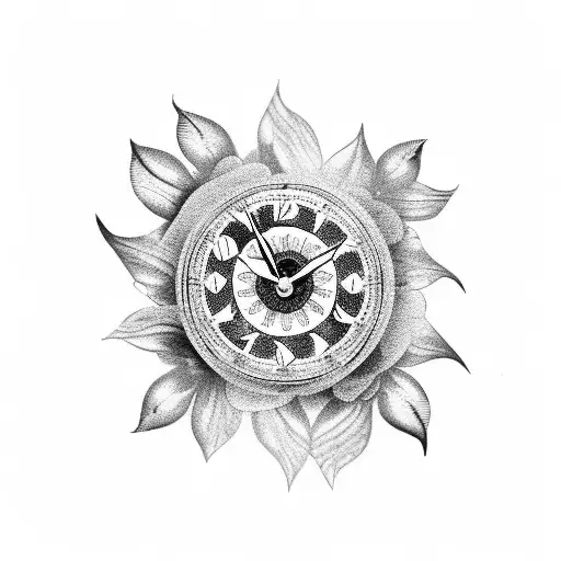 A Black And Grey Tattoo Of A Clock Face With Delicate Flower Petals Falling From It