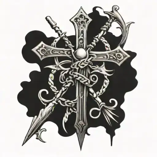 A Christian Cross With Golf Clubs And Fishing Hooks Intertwined