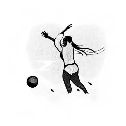 A Silhouette Of A Person Playing Volleyball With A Bird Flying Above In Blackwork Style