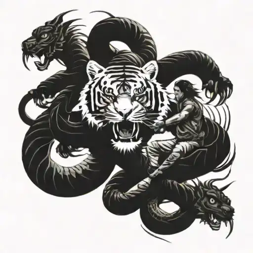 A Fierce Warrior With A 2 Tiger Companions Fighting A Giant Snake