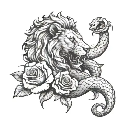 A Lion And Snake In A Fierce Battle With A Rose As The Battleground
