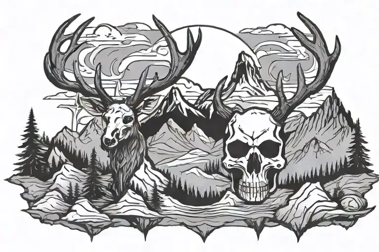 Mountains With Cross And Elk Skull With Antlers
