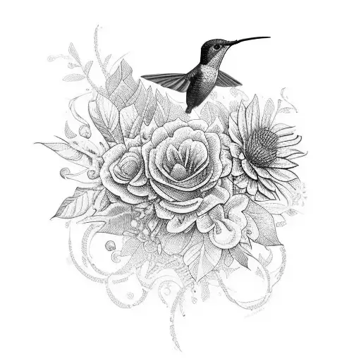 A Vibrant Bouquet Of Exotic Flowers Surrounding A Hummingbird In Mid-flight