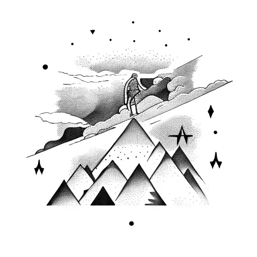 A Man Hovering In The Sky With Arms Outstretched Legs Close Together High Above Mountain Peaks