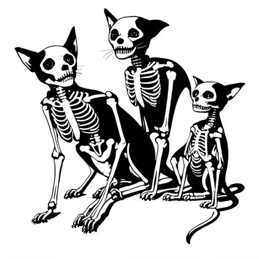 Three Skeleton Dogs And Two Skeleton Cats Playing